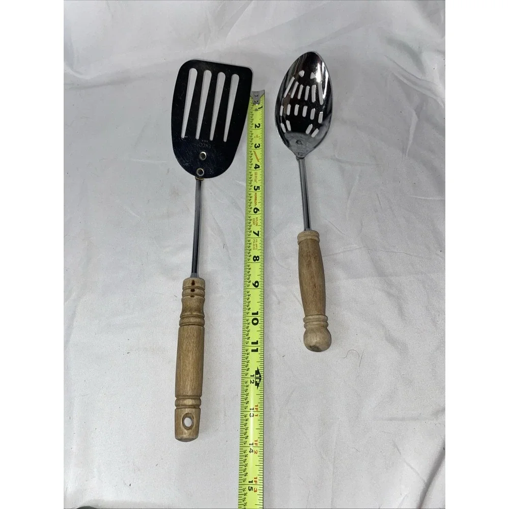 Vintage Ecko Slotted Stainless Steel Spatula And Slotted Spoon Wooden Handles